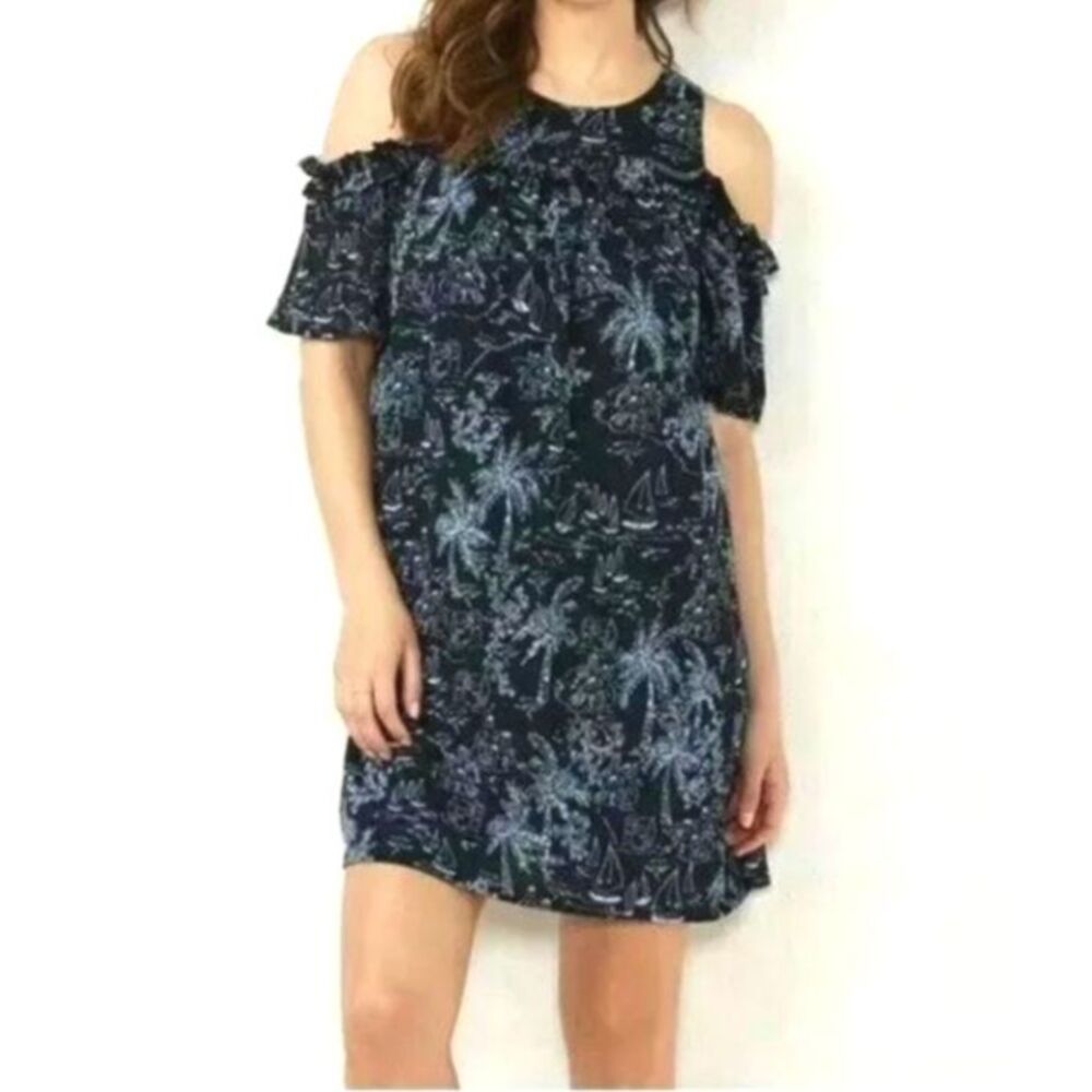 Lauren Conrad Dress Women Size Medium Blue Floral Ruffled Tropical